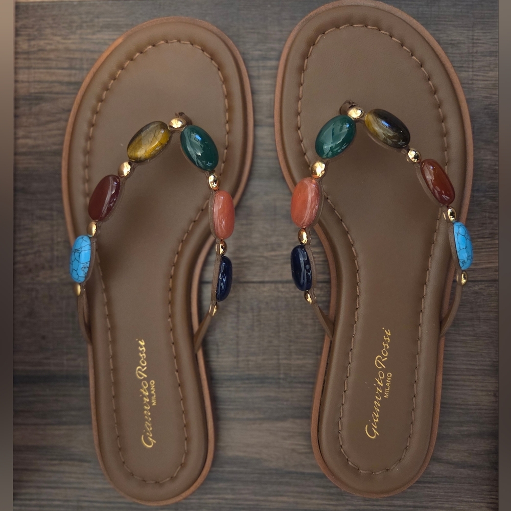 Gianvito Rossi Shanti Sandals - Tan Leather With Multicolor Stones